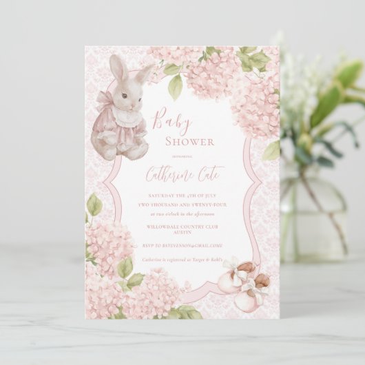 Invitation Élégant Hydrangea Fleur Rose Lapin Vintage (Debout devant)