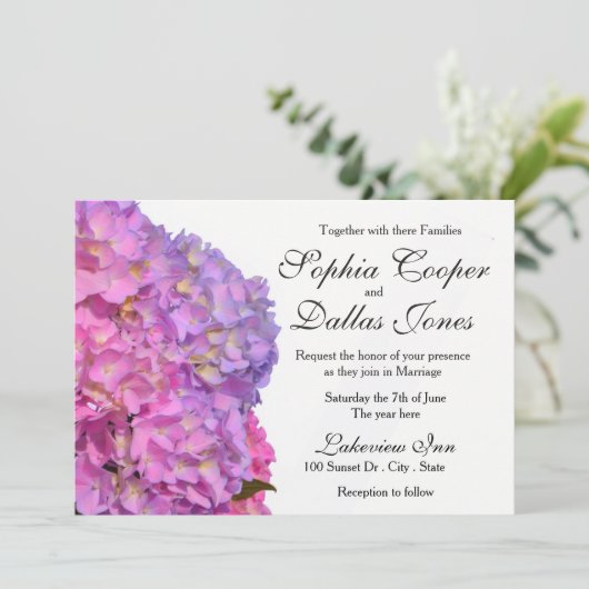 Invitation Élégant Hydrangeas rose violet fleurs Mariage (Debout devant)