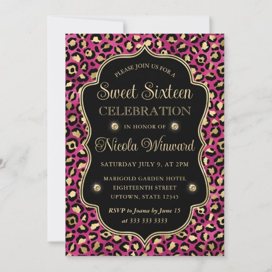 Invitation Élégant Imprimé Léopard Rose Doré Sweet 16 (Devant)