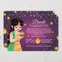 Invitation Elegant Indian Girl Floating Lantern Purple Diwali