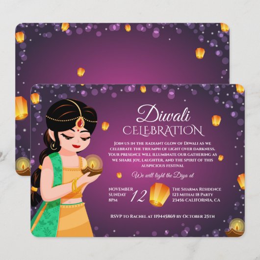 Invitation Elegant Indian Girl Floating Lantern Purple Diwali (Devant / Derrière)