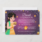 Invitation Elegant Indian Girl Floating Lantern Purple Diwali (Devant)