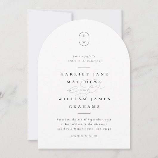 Invitation Élégant Initiales noir & blanc Mariage d'arc photo (Devant)