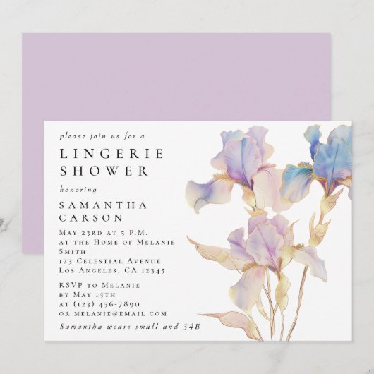 Invitation Elégant Iris Floral Aquarelle Lingerie Douche (Devant / Derrière)