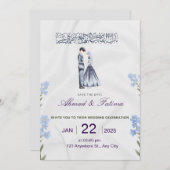 Invitation Élégant Islamique, Fleur Bleue  (Devant / Derrière)