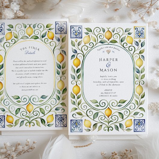 Invitation Elegant Italian Lemon & Blue Tile Wedding