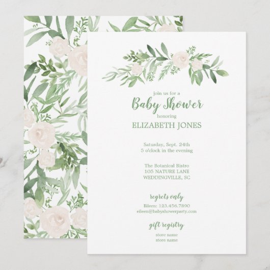 Invitation Élégant ivoire et Baby shower floral vert (Devant / Derrière)