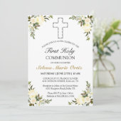 Invitation Élégant ivoire Floral Rose Première Sainte Communi (Debout devant)