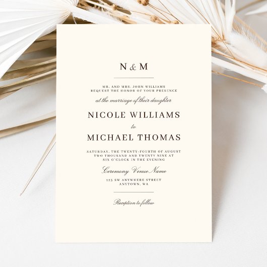 Invitation Elegant Ivory and Brown Monogram Classic Wedding
