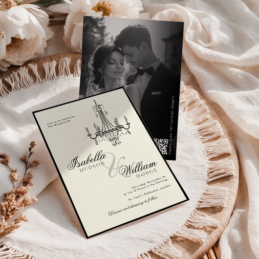 Invitation Elegant Ivory Black and white Photo Wedding