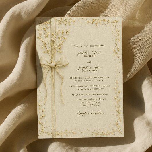 Invitation Elegant Ivory Bow and Botanical Floral Wedding