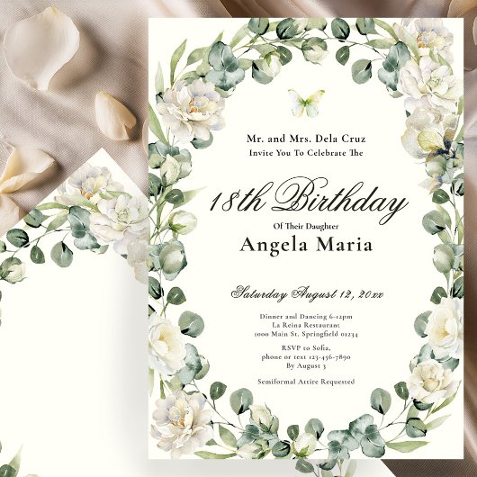 Invitation Elegant Ivory Floral 18th Birthday Debut