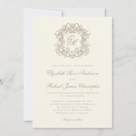 Invitation Elegant Ivory Monogram Crest Wedding (Devant)