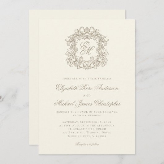 Invitation Elegant Ivory Monogram Crest Wedding (Devant / Derrière)