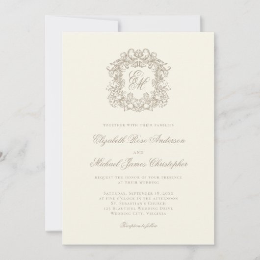 Invitation Elegant Ivory Ornate Monogram Crest Wedding (Devant)