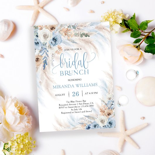 Invitation Elegant Ivory Roses Blue Floral Bridal Brunch