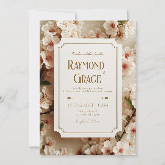 Invitation Elegant Ivory Sakura Floral Gilded Ticket Wedding (Devant)