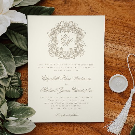 Invitation Elegant Ivory Vintage Crest Monogram Wedding