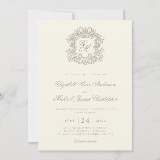 Invitation Elegant Ivory Vintage Monogram Crest Wedding (Devant)