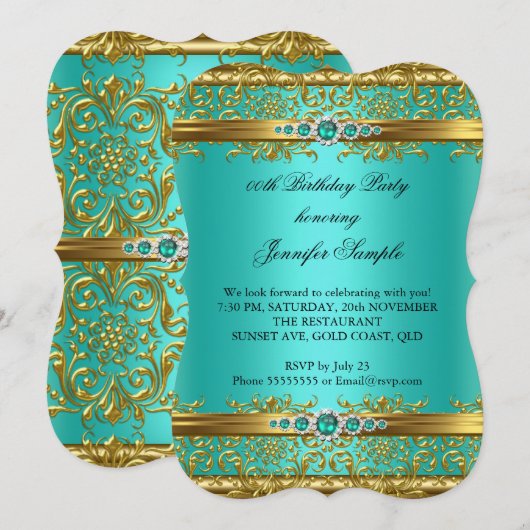 Invitation Elégant Jade Green Gold Damask Diamond Anniversair (Devant / Derrière)