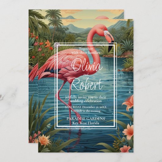 Invitation Elégant jardin boho tropical flamand rose rétro (Devant / Derrière)