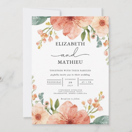Invitation Elégant Jardin de corail Mariage floral (Devant)