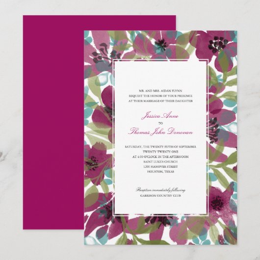 Invitation Elégant jardin de fleurs d'aquarelle | Mariage (Devant / Derrière)