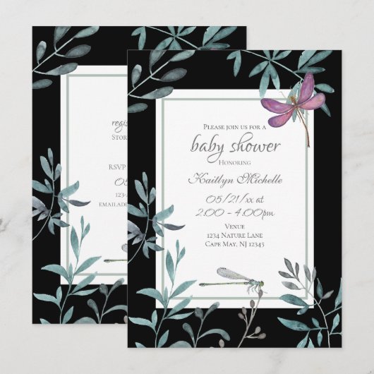 Invitation Elégant Jardin de libellules Baby shower verdoyant (Devant / Derrière)