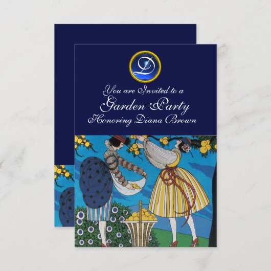 INVITATION ÉLÉGANT JARDIN D'ÉTÉ PARTI SAPPHIRE GEM MONOGRAMME (Devant / Derrière)