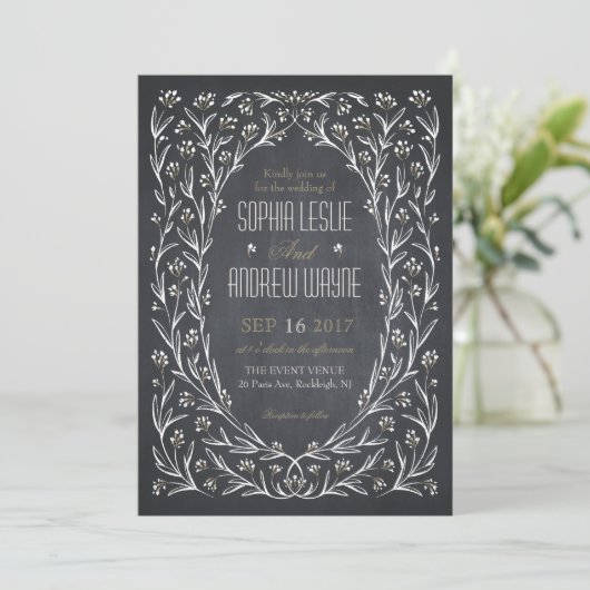 Invitation Elégant jardin fleuri chalkboard rustique mariage (Debout devant)
