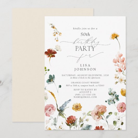 Invitation Elégant Jardin Fleurs Aquarelle 50e Anniversaire (Devant / Derrière)