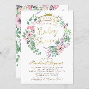 Invitation Elégant Jardin Fleurs or Couronne Baby shower fill