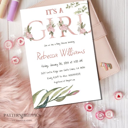 Invitation Elégant Jardin Floral Blush Baby shower fille rose