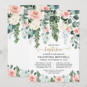 Invitation Élégant Jardin Floral Rose-Bleu unique Baptême (Devant / Derrière)