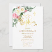 Invitation Elégant Jardin Rose - Baptême Fille - Faux Gold (Devant)