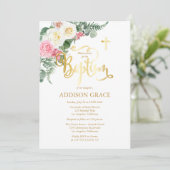 Invitation Elégant Jardin Rose - Baptême Fille - Faux Gold (Debout devant)