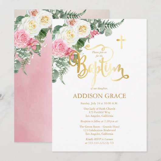 Invitation Elégant Jardin Rose - Baptême Fille - Faux Gold (Devant / Derrière)