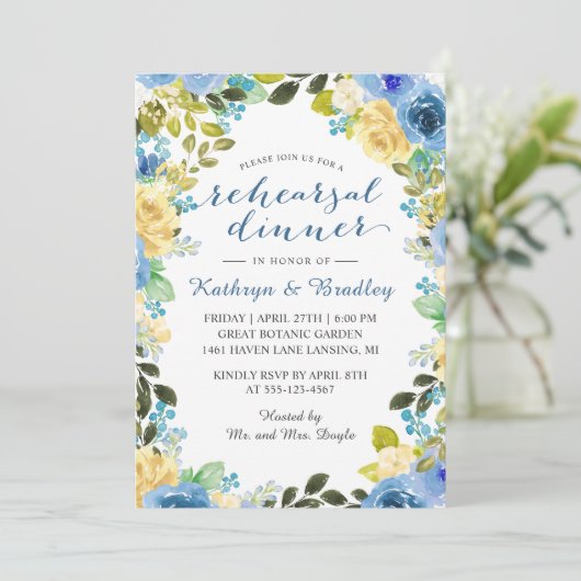 Invitation Élégant Jaune Bleu Rose Jaune Dîner de répétition (Debout devant)