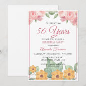 Invitation Elégant Jaune et rose Floral Mère Anniversaire (Devant / Derrière)