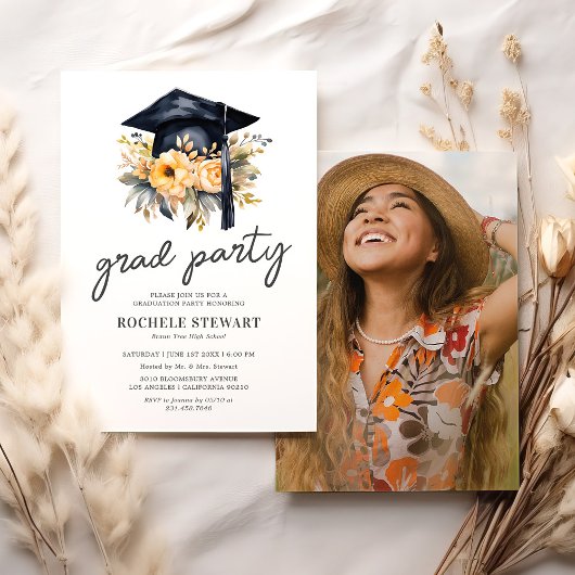 Invitation Elégant Jaune Floral Photo Party graduation