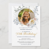 Invitation Elégant jaune floral photo Surprise 90e anniversai (Devant)