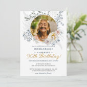 Invitation Elégant jaune floral photo Surprise 90e anniversai (Debout devant)