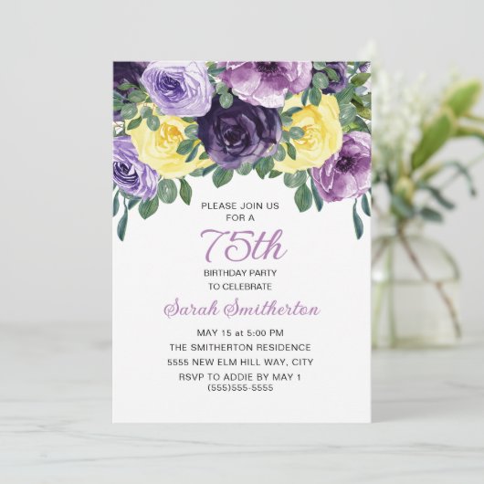 Invitation Élégant jaune violet fleuri 75e anniversaire (Debout devant)