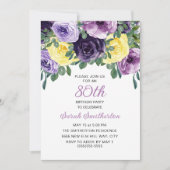 Invitation Elégant jaune violet fleuri 80e anniversaire (Devant)