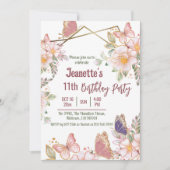 Invitation Elégant joli papillon rose floral 11e anniversaire (Devant)