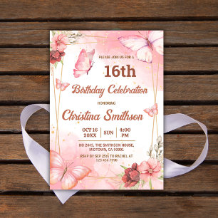Invitation Elégant joli papillon rose floral 16e anniversaire