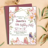 Invitation Elégant joli papillon rose floral 17e anniversaire