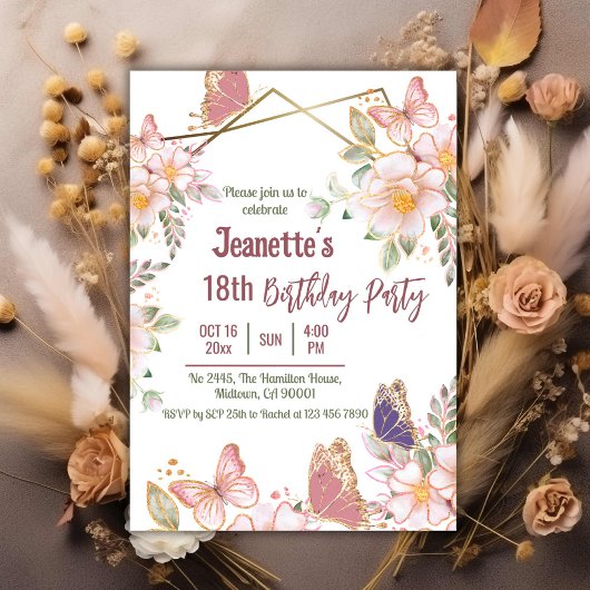 Invitation Élégant joli papillon rose floral 18e anniversaire