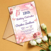 Invitation Élégant joli papillon rose floral 18e anniversaire