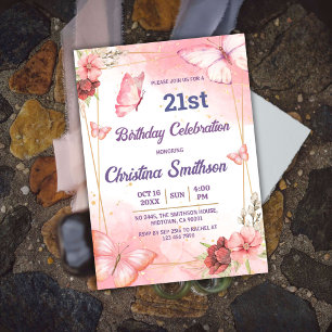 Invitation Elégant joli papillon rose floral 21e anniversaire